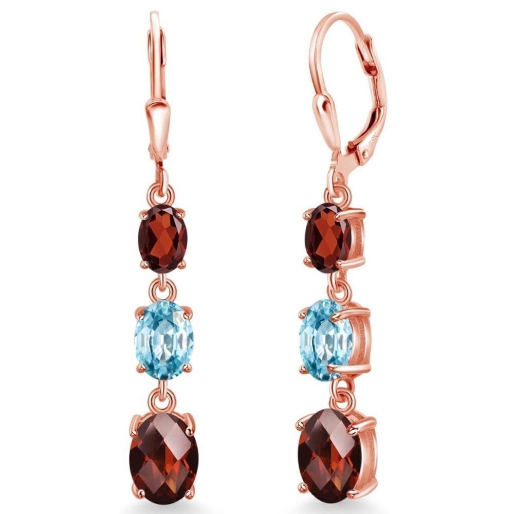 18K Rose Gold with 6.71 Cttw 3 Stone Garnet and Blue Zircon Leverback Earrings